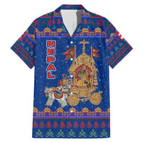 Nepal Christmas Family Matching Mermaid Dress and Hawaiian Shirt with Blue-Red Pattern, Hindu Chariot Scene, and Om Symbol Motif - Wonder Print Shop