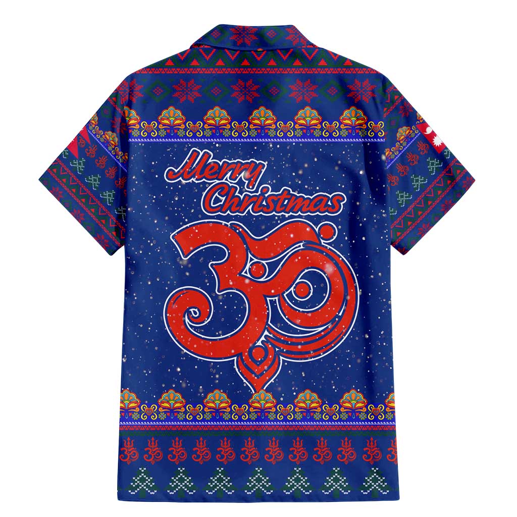 Nepal Christmas Family Matching Mermaid Dress and Hawaiian Shirt with Blue-Red Pattern, Hindu Chariot Scene, and Om Symbol Motif - Wonder Print Shop