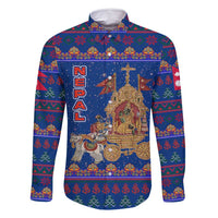 Nepal Christmas Family Matching Mermaid Dress and Hawaiian Shirt with Blue-Red Pattern, Hindu Chariot Scene, and Om Symbol Motif - Wonder Print Shop