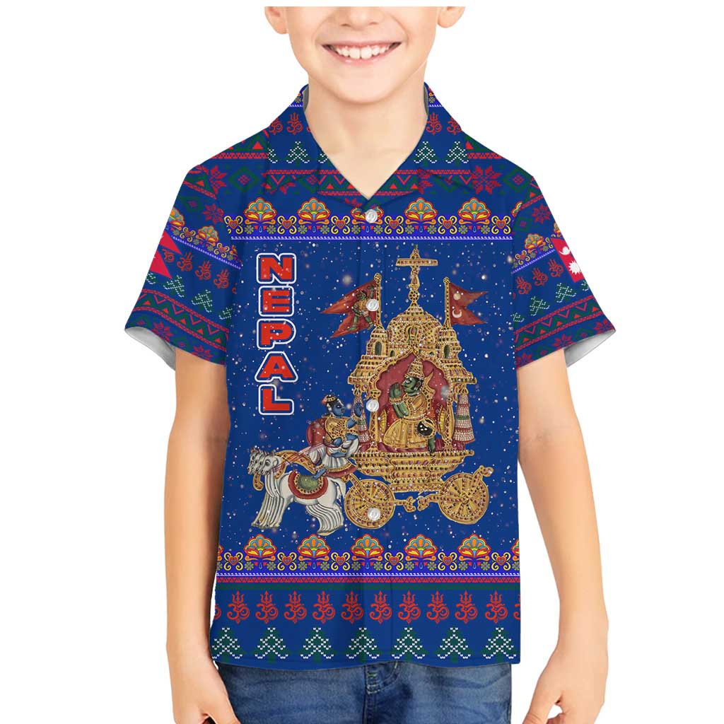 Nepal Christmas Family Matching Mermaid Dress and Hawaiian Shirt with Blue-Red Pattern, Hindu Chariot Scene, and Om Symbol Motif - Wonder Print Shop