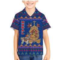 Nepal Christmas Family Matching Mermaid Dress and Hawaiian Shirt with Blue-Red Pattern, Hindu Chariot Scene, and Om Symbol Motif - Wonder Print Shop