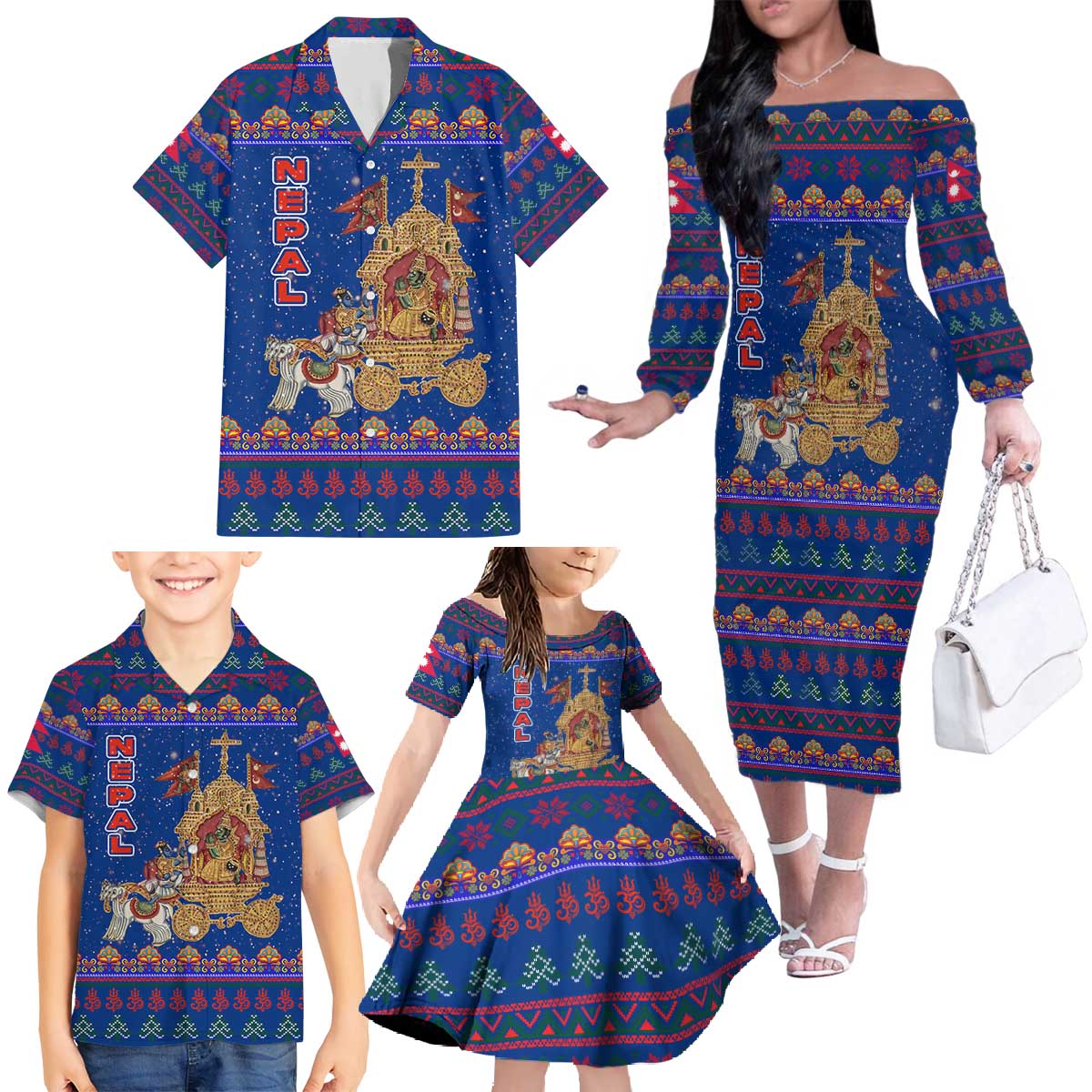 Nepal Christmas Family Matching Off The Shoulder Long Sleeve Dress and Hawaiian Shirt with Blue-Red Pattern, Hindu Chariot Scene, and Om Symbol Motif - Wonder Print Shop