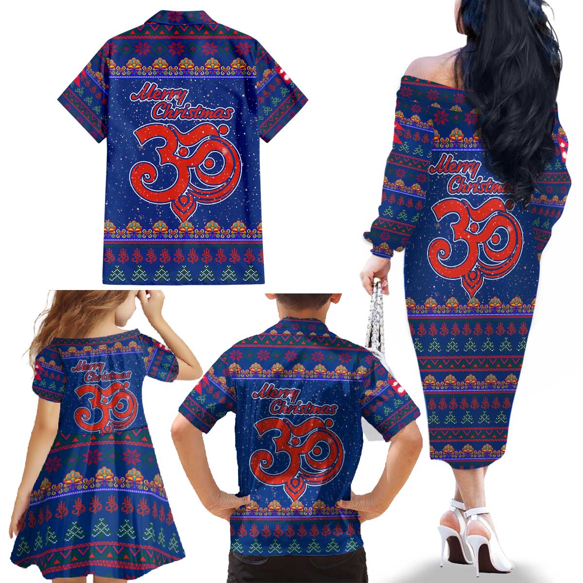 Nepal Christmas Family Matching Off The Shoulder Long Sleeve Dress and Hawaiian Shirt with Blue-Red Pattern, Hindu Chariot Scene, and Om Symbol Motif - Wonder Print Shop