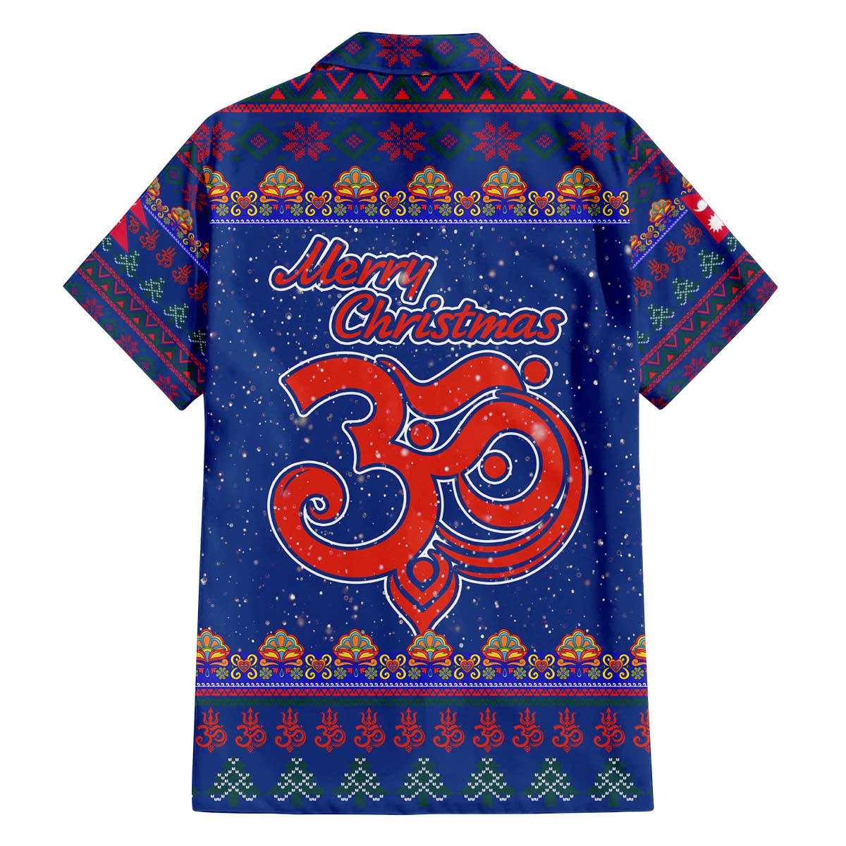 Nepal Christmas Family Matching Off The Shoulder Long Sleeve Dress and Hawaiian Shirt with Blue-Red Pattern, Hindu Chariot Scene, and Om Symbol Motif - Wonder Print Shop