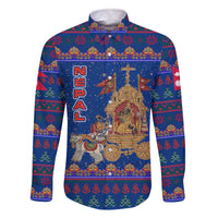 Nepal Christmas Family Matching Off The Shoulder Long Sleeve Dress and Hawaiian Shirt with Blue-Red Pattern, Hindu Chariot Scene, and Om Symbol Motif - Wonder Print Shop
