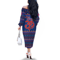Nepal Christmas Family Matching Off The Shoulder Long Sleeve Dress and Hawaiian Shirt with Blue-Red Pattern, Hindu Chariot Scene, and Om Symbol Motif - Wonder Print Shop