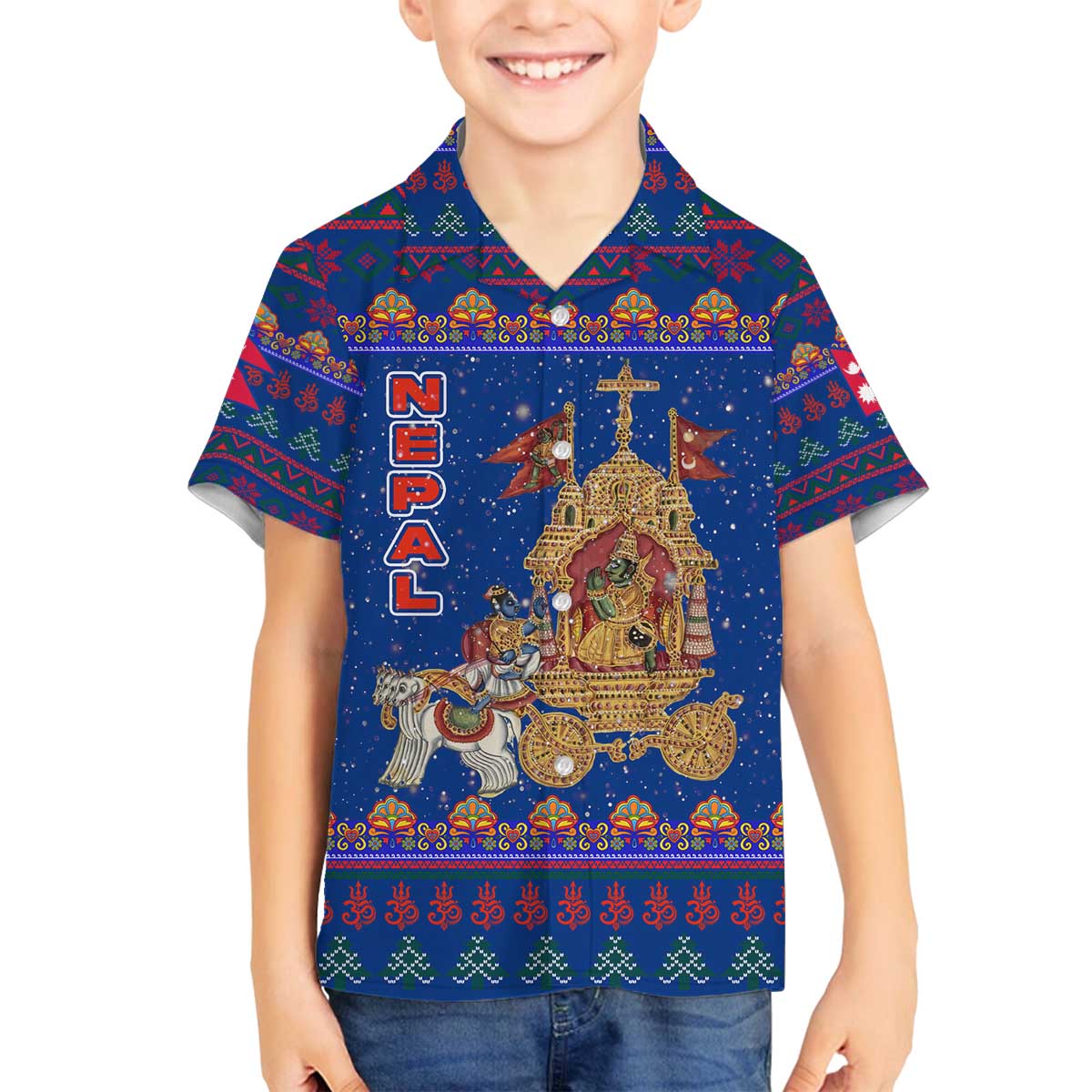 Nepal Christmas Family Matching Off The Shoulder Long Sleeve Dress and Hawaiian Shirt with Blue-Red Pattern, Hindu Chariot Scene, and Om Symbol Motif - Wonder Print Shop