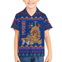 Nepal Christmas Family Matching Off The Shoulder Long Sleeve Dress and Hawaiian Shirt with Blue-Red Pattern, Hindu Chariot Scene, and Om Symbol Motif - Wonder Print Shop