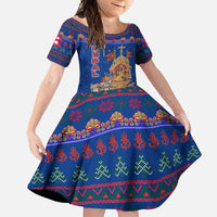 Nepal Christmas Family Matching Off Shoulder Maxi Dress and Hawaiian Shirt with Blue-Red Pattern, Hindu Chariot Scene, and Om Symbol Motif - Wonder Print Shop
