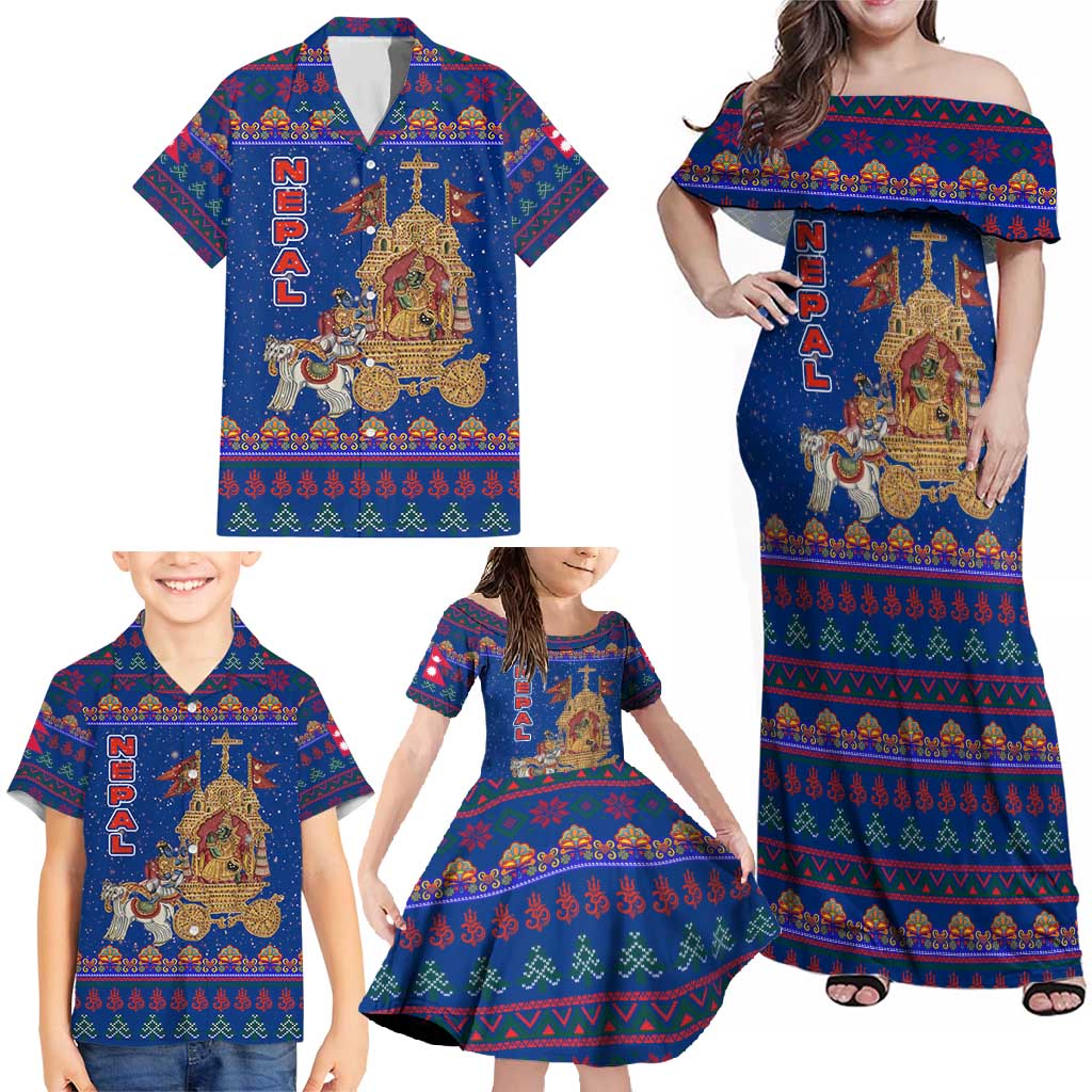 Nepal Christmas Family Matching Off Shoulder Maxi Dress and Hawaiian Shirt with Blue-Red Pattern, Hindu Chariot Scene, and Om Symbol Motif - Wonder Print Shop