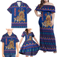 Nepal Christmas Family Matching Off Shoulder Maxi Dress and Hawaiian Shirt with Blue-Red Pattern, Hindu Chariot Scene, and Om Symbol Motif - Wonder Print Shop