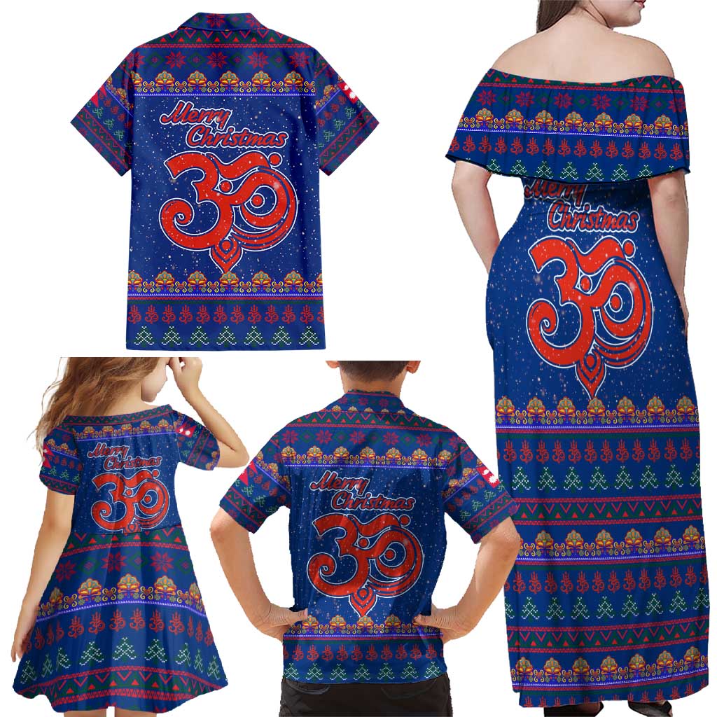Nepal Christmas Family Matching Off Shoulder Maxi Dress and Hawaiian Shirt with Blue-Red Pattern, Hindu Chariot Scene, and Om Symbol Motif - Wonder Print Shop