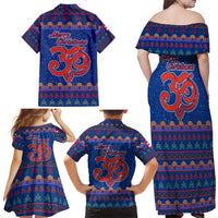 Nepal Christmas Family Matching Off Shoulder Maxi Dress and Hawaiian Shirt with Blue-Red Pattern, Hindu Chariot Scene, and Om Symbol Motif - Wonder Print Shop