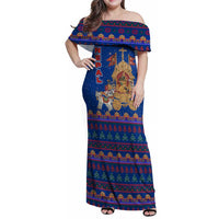 Nepal Christmas Family Matching Off Shoulder Maxi Dress and Hawaiian Shirt with Blue-Red Pattern, Hindu Chariot Scene, and Om Symbol Motif - Wonder Print Shop