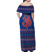Nepal Christmas Family Matching Off Shoulder Maxi Dress and Hawaiian Shirt with Blue-Red Pattern, Hindu Chariot Scene, and Om Symbol Motif - Wonder Print Shop