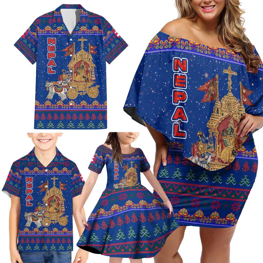 Nepal Christmas Family Matching Off Shoulder Short Dress and Hawaiian Shirt with Blue-Red Pattern, Hindu Chariot Scene, and Om Symbol Motif - Wonder Print Shop