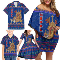 Nepal Christmas Family Matching Off Shoulder Short Dress and Hawaiian Shirt with Blue-Red Pattern, Hindu Chariot Scene, and Om Symbol Motif - Wonder Print Shop