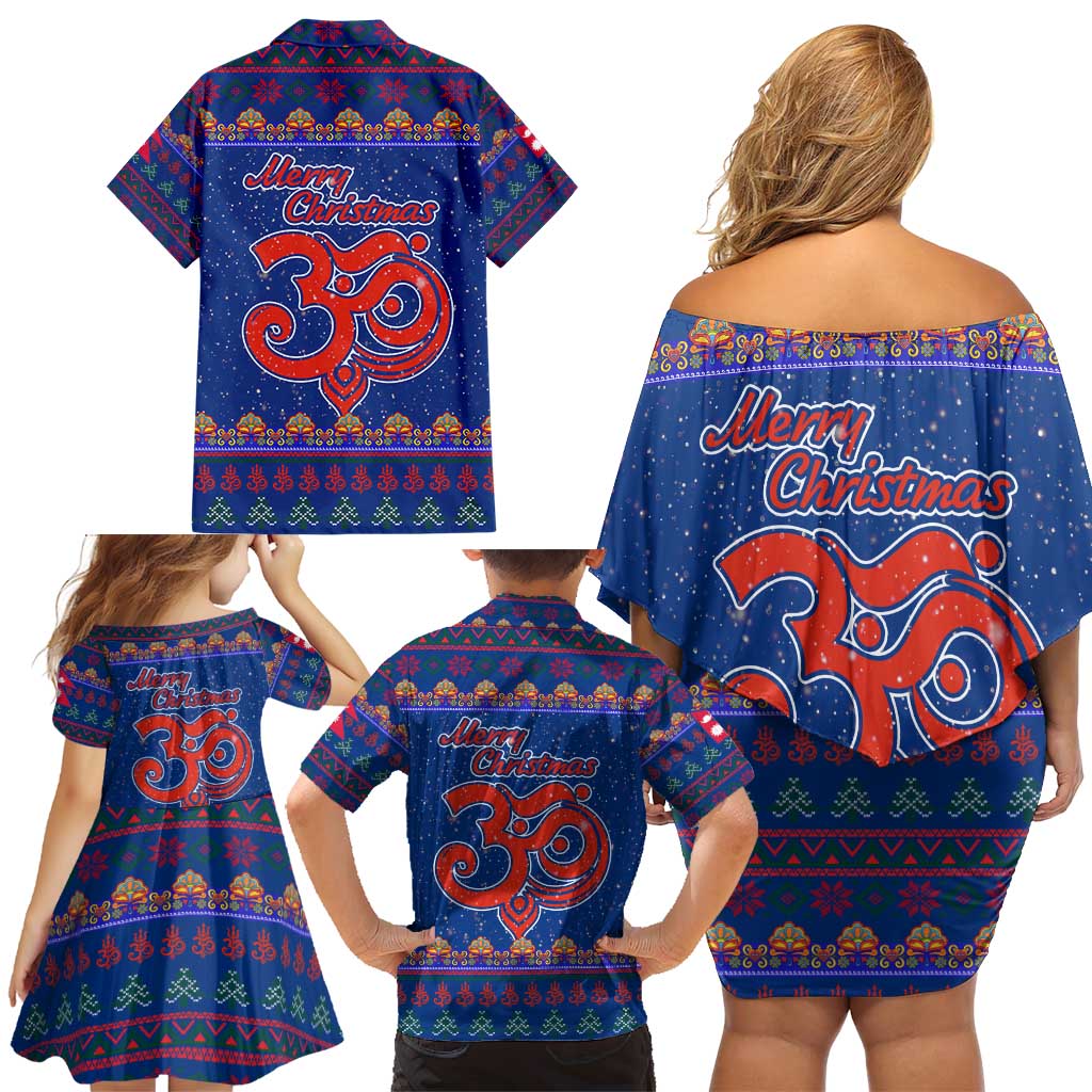 Nepal Christmas Family Matching Off Shoulder Short Dress and Hawaiian Shirt with Blue-Red Pattern, Hindu Chariot Scene, and Om Symbol Motif - Wonder Print Shop