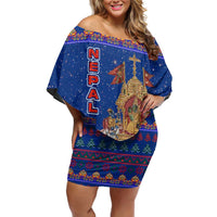 Nepal Christmas Family Matching Off Shoulder Short Dress and Hawaiian Shirt with Blue-Red Pattern, Hindu Chariot Scene, and Om Symbol Motif - Wonder Print Shop