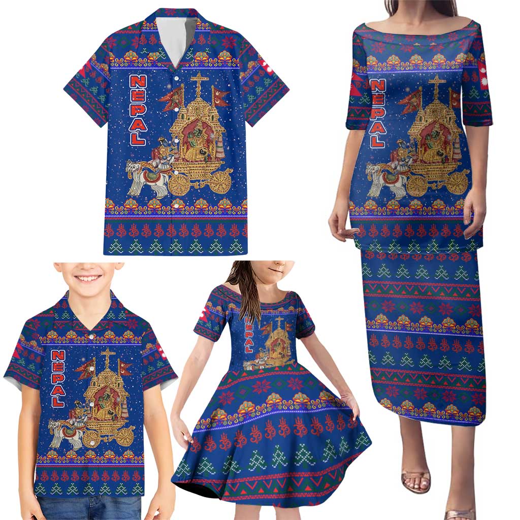 Nepal Christmas Family Matching Puletasi and Hawaiian Shirt with Blue-Red Pattern, Hindu Chariot Scene, and Om Symbol Motif - Wonder Print Shop