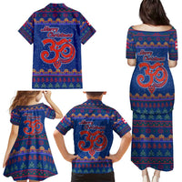 Nepal Christmas Family Matching Puletasi and Hawaiian Shirt with Blue-Red Pattern, Hindu Chariot Scene, and Om Symbol Motif - Wonder Print Shop