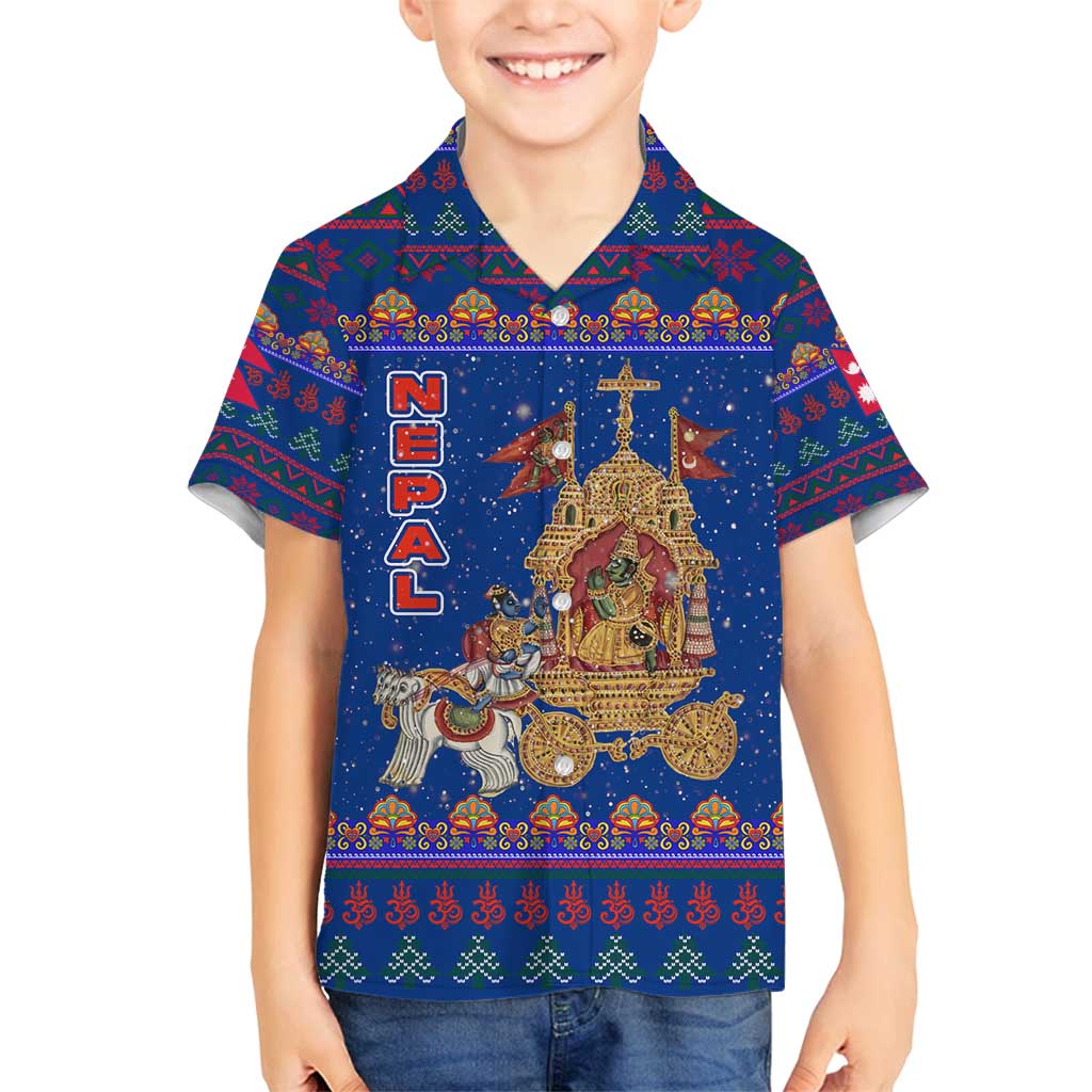 Nepal Christmas Family Matching Puletasi and Hawaiian Shirt with Blue-Red Pattern, Hindu Chariot Scene, and Om Symbol Motif - Wonder Print Shop