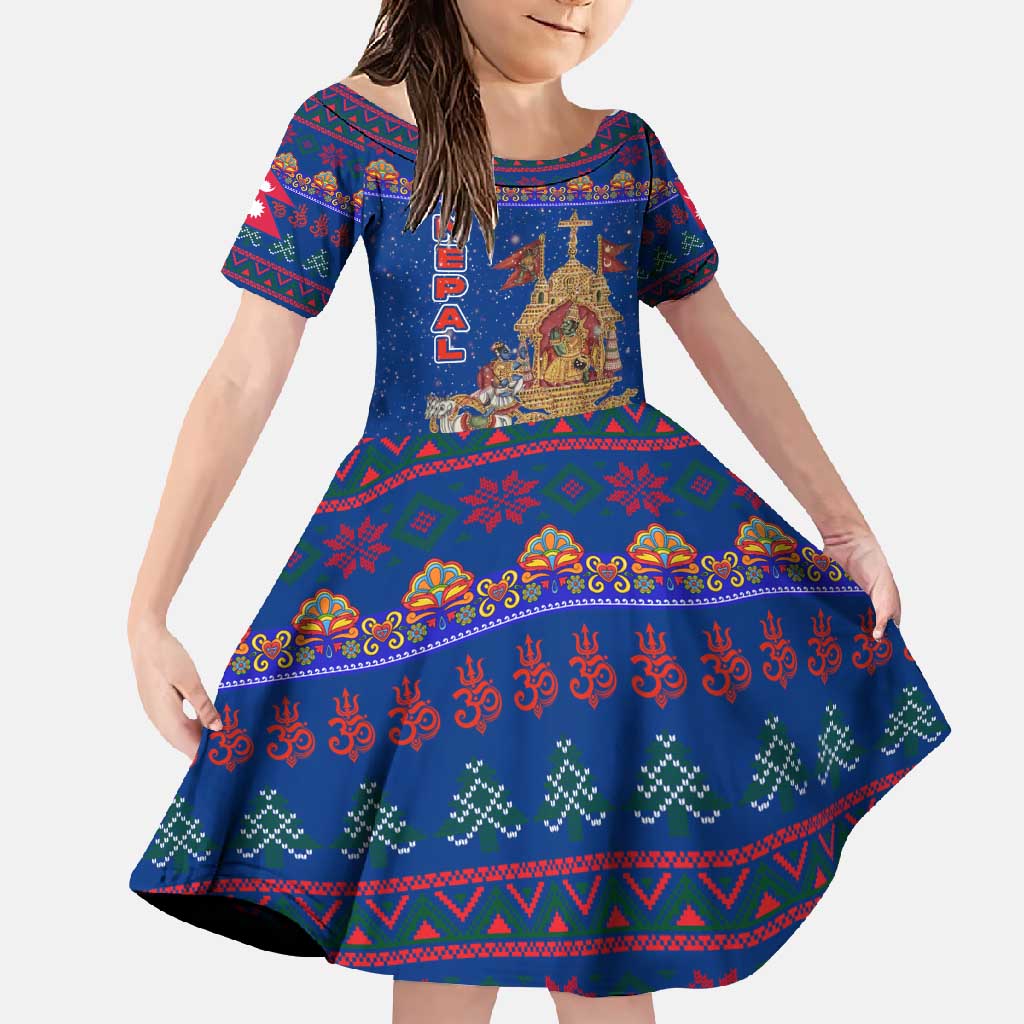 Nepal Christmas Family Matching Short Sleeve Bodycon Dress and Hawaiian Shirt with Blue-Red Pattern, Hindu Chariot Scene, and Om Symbol Motif - Wonder Print Shop