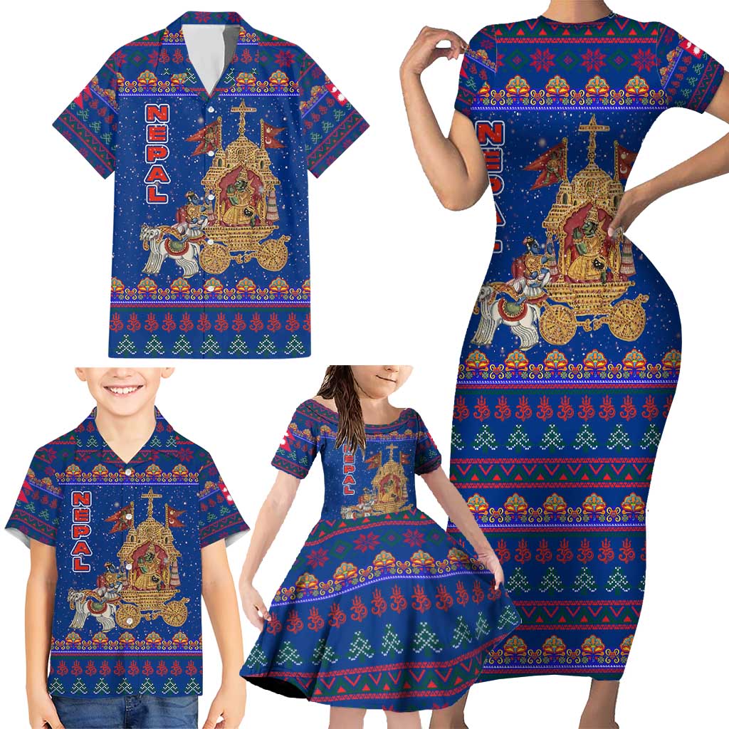 Nepal Christmas Family Matching Short Sleeve Bodycon Dress and Hawaiian Shirt with Blue-Red Pattern, Hindu Chariot Scene, and Om Symbol Motif - Wonder Print Shop