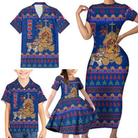 Nepal Christmas Family Matching Short Sleeve Bodycon Dress and Hawaiian Shirt with Blue-Red Pattern, Hindu Chariot Scene, and Om Symbol Motif - Wonder Print Shop