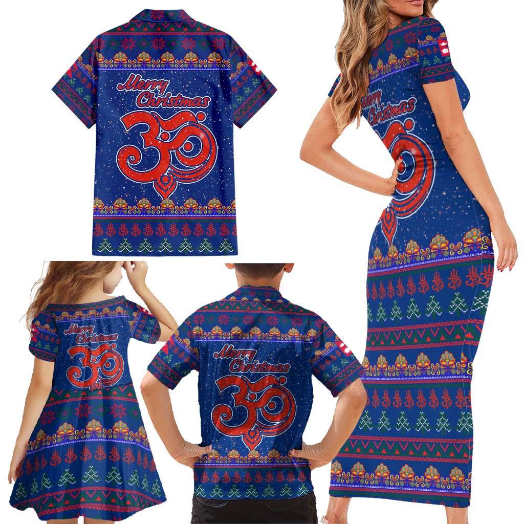 Nepal Christmas Family Matching Short Sleeve Bodycon Dress and Hawaiian Shirt with Blue-Red Pattern, Hindu Chariot Scene, and Om Symbol Motif - Wonder Print Shop