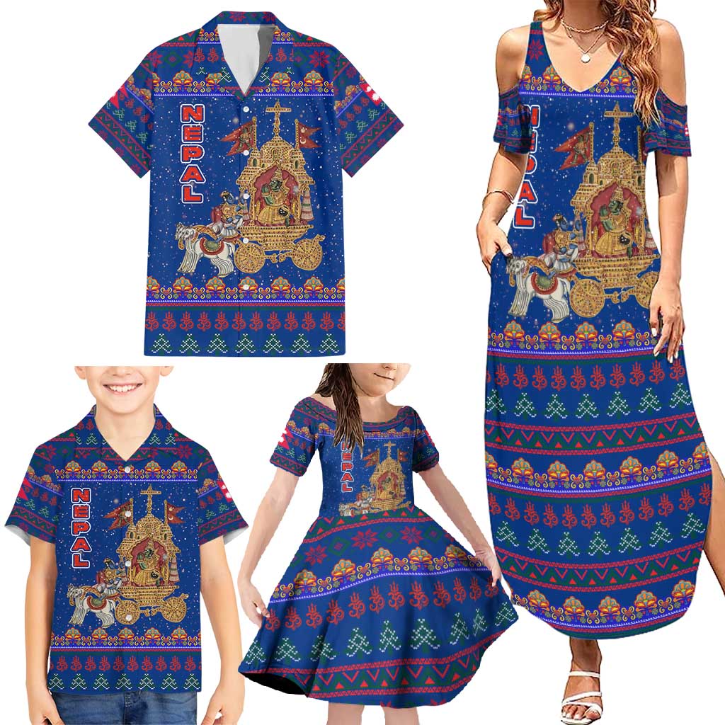 Nepal Christmas Family Matching Summer Maxi Dress and Hawaiian Shirt with Blue-Red Pattern, Hindu Chariot Scene, and Om Symbol Motif - Wonder Print Shop