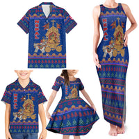 Nepal Christmas Family Matching Tank Maxi Dress and Hawaiian Shirt with Blue-Red Pattern, Hindu Chariot Scene, and Om Symbol Motif - Wonder Print Shop