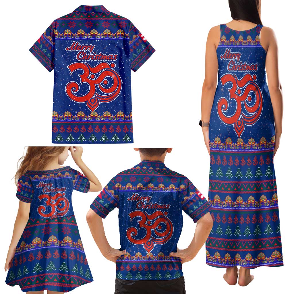 Nepal Christmas Family Matching Tank Maxi Dress and Hawaiian Shirt with Blue-Red Pattern, Hindu Chariot Scene, and Om Symbol Motif - Wonder Print Shop