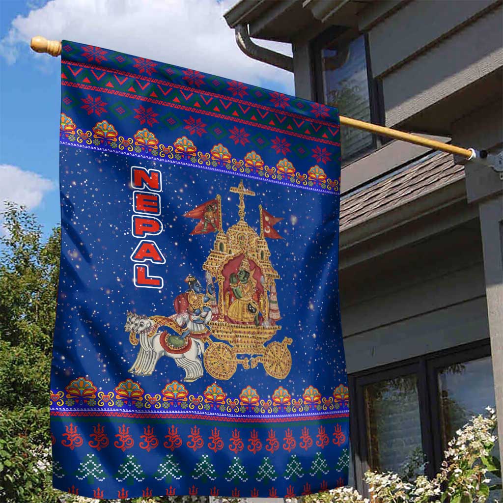 Nepal Christmas Garden Flag with Blue-Red Pattern, Hindu Chariot Scene, and Om Symbol Motif - Wonder Print Shop