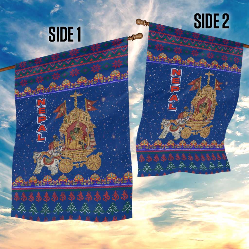 Nepal Christmas Garden Flag with Blue-Red Pattern, Hindu Chariot Scene, and Om Symbol Motif - Wonder Print Shop