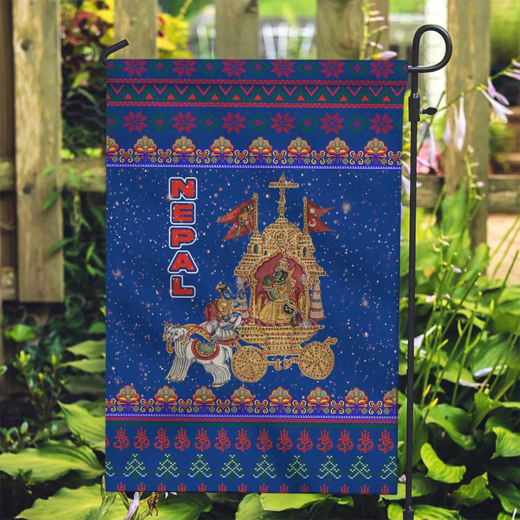 Nepal Christmas Garden Flag with Blue-Red Pattern, Hindu Chariot Scene, and Om Symbol Motif - Wonder Print Shop