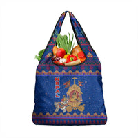 Nepal Christmas Grocery Bag with Blue-Red Pattern, Hindu Chariot Scene, and Om Symbol Motif - Wonder Print Shop