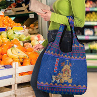 Nepal Christmas Grocery Bag with Blue-Red Pattern, Hindu Chariot Scene, and Om Symbol Motif - Wonder Print Shop