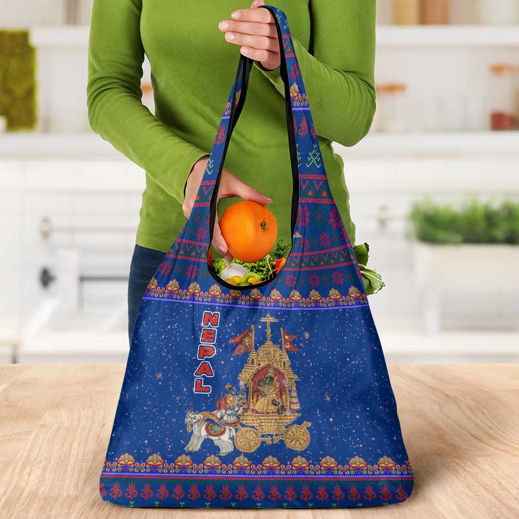 Nepal Christmas Grocery Bag with Blue-Red Pattern, Hindu Chariot Scene, and Om Symbol Motif - Wonder Print Shop