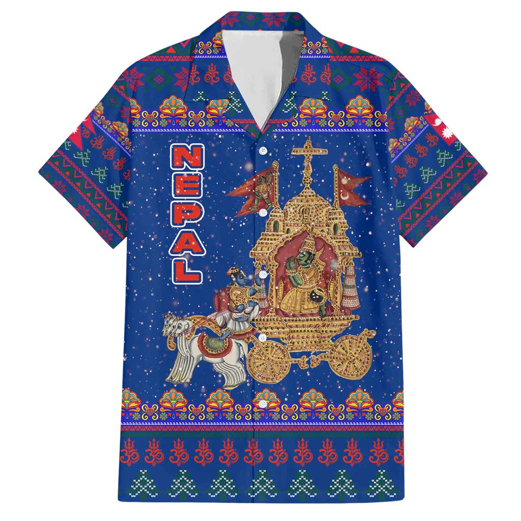 Nepal Christmas Hawaiian Shirt with Blue-Red Pattern, Hindu Chariot Scene, and Om Symbol Motif - Wonder Print Shop