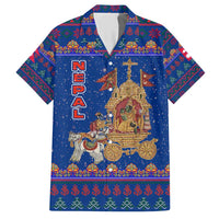 Nepal Christmas Hawaiian Shirt with Blue-Red Pattern, Hindu Chariot Scene, and Om Symbol Motif - Wonder Print Shop