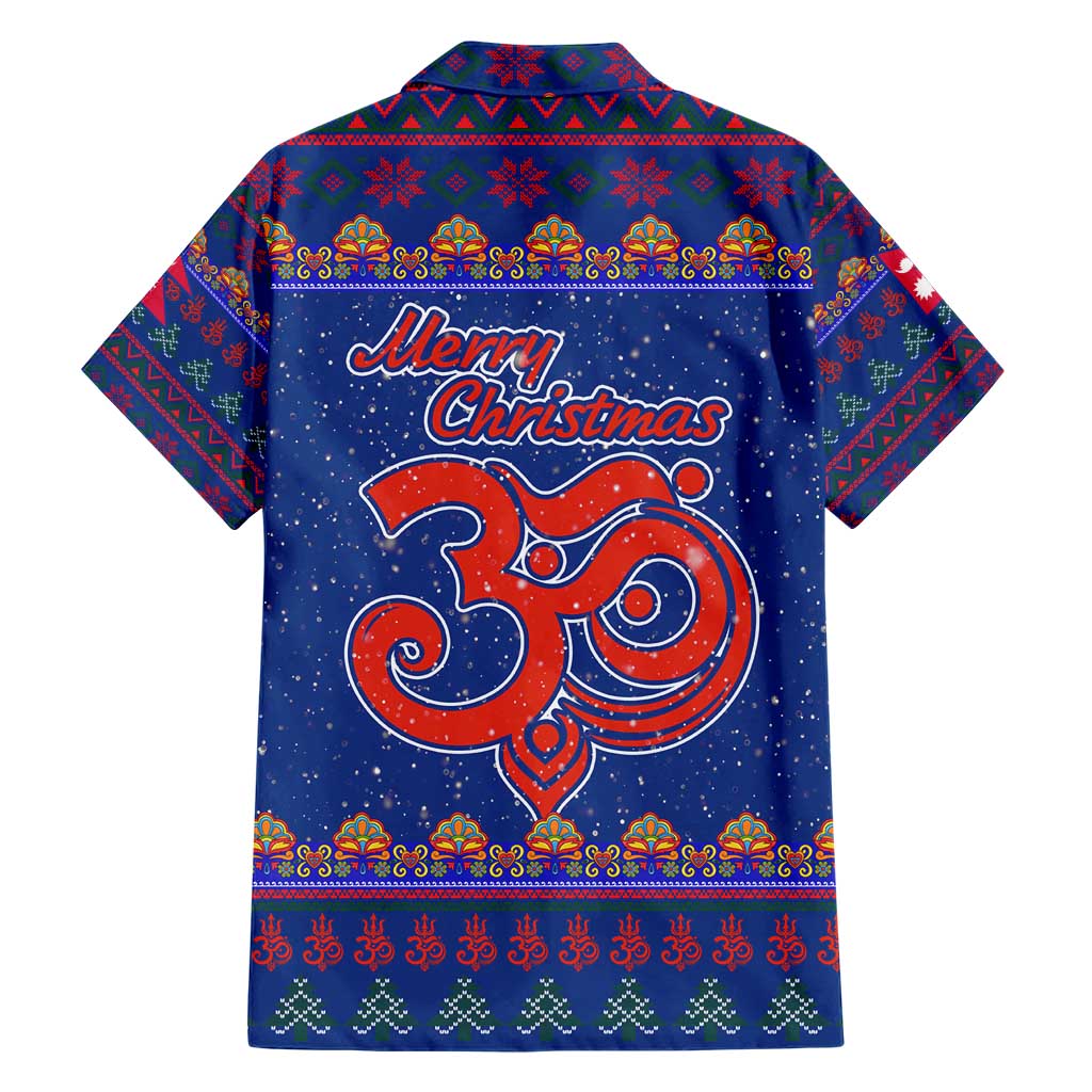 Nepal Christmas Hawaiian Shirt with Blue-Red Pattern, Hindu Chariot Scene, and Om Symbol Motif - Wonder Print Shop