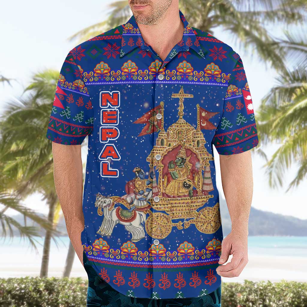 Nepal Christmas Hawaiian Shirt with Blue-Red Pattern, Hindu Chariot Scene, and Om Symbol Motif - Wonder Print Shop