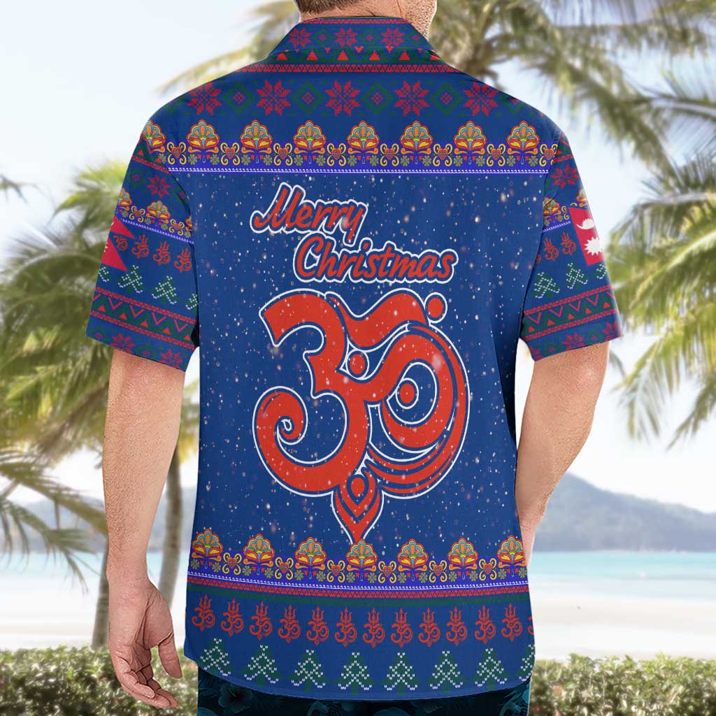 Nepal Christmas Hawaiian Shirt with Blue-Red Pattern, Hindu Chariot Scene, and Om Symbol Motif - Wonder Print Shop