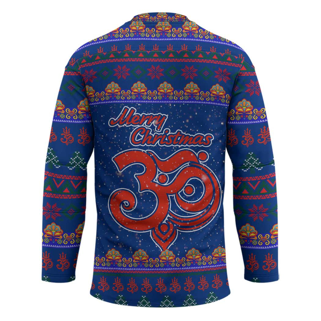 Nepal Christmas Hockey Jersey with Blue-Red Pattern, Hindu Chariot Scene, and Om Symbol Motif - Wonder Print Shop