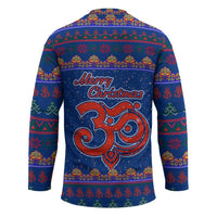 Nepal Christmas Hockey Jersey with Blue-Red Pattern, Hindu Chariot Scene, and Om Symbol Motif - Wonder Print Shop
