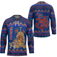Nepal Christmas Hockey Jersey with Blue-Red Pattern, Hindu Chariot Scene, and Om Symbol Motif - Wonder Print Shop