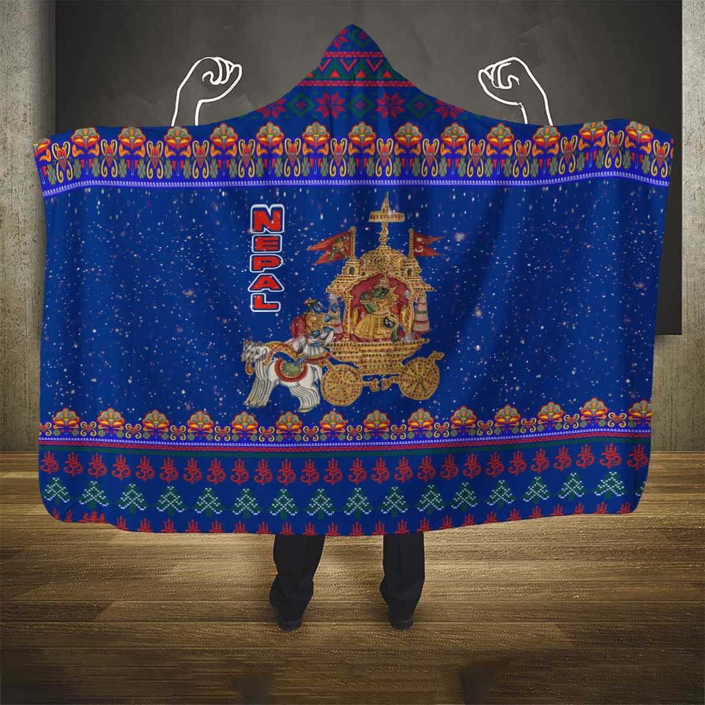 Nepal Christmas Hooded Blanket with Blue-Red Pattern, Hindu Chariot Scene, and Om Symbol Motif - Wonder Print Shop