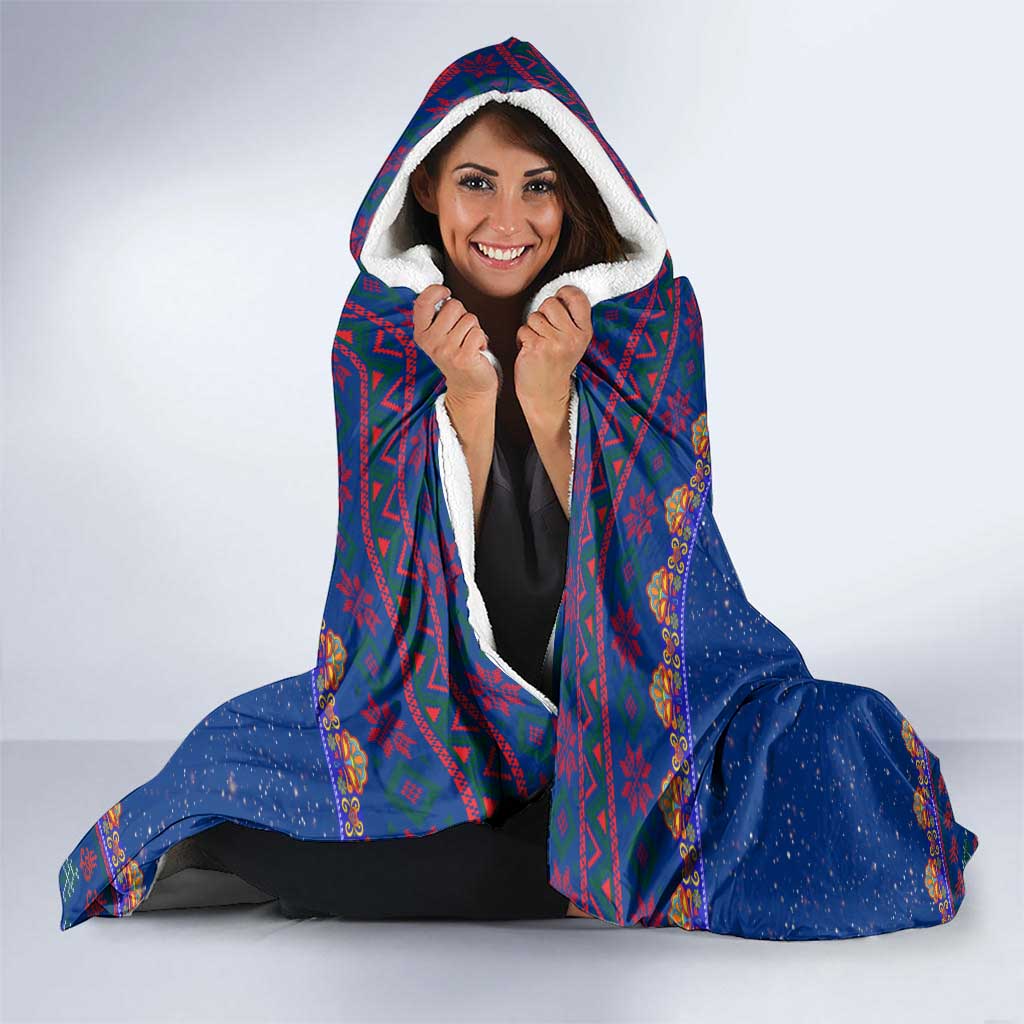 Nepal Christmas Hooded Blanket with Blue-Red Pattern, Hindu Chariot Scene, and Om Symbol Motif - Wonder Print Shop