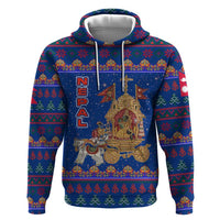 Nepal Christmas Hoodie with Blue-Red Pattern, Hindu Chariot Scene, and Om Symbol Motif - Wonder Print Shop